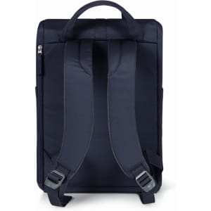 A navy blue Metro Backpack with padded shoulder straps and a sleek design, featuring a zippered compartment and a logo.