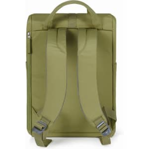 An olive green backpack featuring padded shoulder straps and a sleek rectangular design. It includes a logo.
