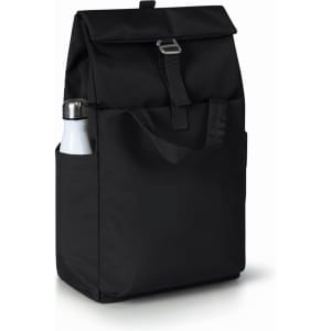 A black backpack with a large main compartment and a side pocket holding a drink bottle. It features a logo on the front.