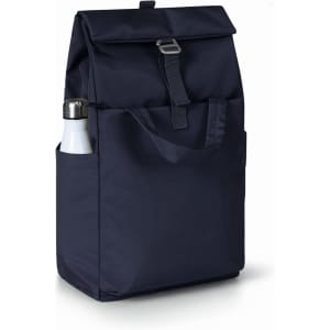 A navy Metro Backpack with a front pocket, featuring a drink bottle in a side pouch. It has a sleek, minimal design.