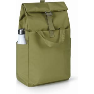 A olive green backpack with a top flap, featuring a side pocket holding a drink bottle and a sturdy handle.