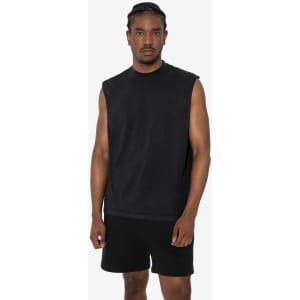 A sleeveless black tee displayed on a model, paired with black shorts. The product includes a logo.