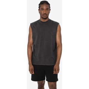 A sleeveless grey tee featuring a crew neck design, paired with black shorts. The model stands against a plain background.