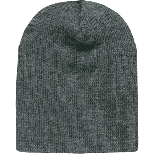 A grey short beanie with a textured knit pattern, featuring a branding logo.