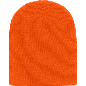 An orange short beanie with a ribbed texture, featuring a plain design and no visible branding.