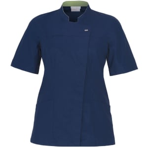 A navy blue short sleeve tunic with a mandarin collar and two front pockets, featuring a logo.