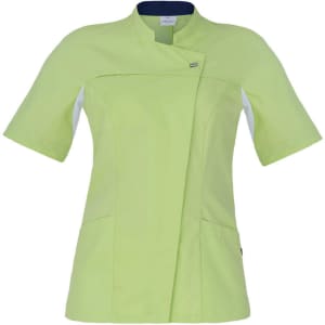A short sleeve tunic in a light green shade with a stylish design and pockets. It features branding on the garment.