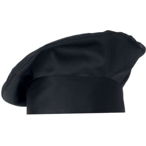 A black chef hat with a wide band and soft, rounded shape, featuring a logo.