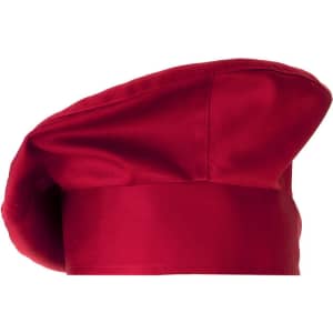 A red chef hat with a wide band and soft top, featuring a rounded shape and a glossy finish.
