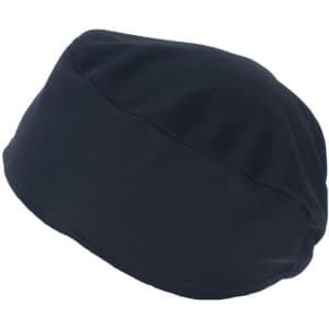 A black bandana with a smooth fabric texture and a logo on one side.