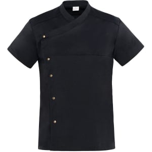 A black tunic with short sleeves, featuring a wrap design and decorative buttons along the front. Brand logo visible.