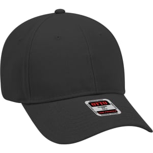 A black six-panel baseball cap with a curved peak and a tag on the brim.