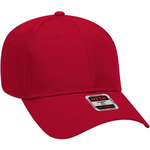 A red 6 panel baseball cap with a low profile design and a logo on the front.