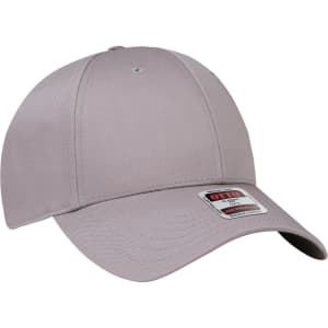 A grey 6-panel low profile baseball cap with a curved brim and a logo label.