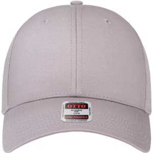 A low-profile baseball cap in a soft grey hue, featuring a logo on the front label.