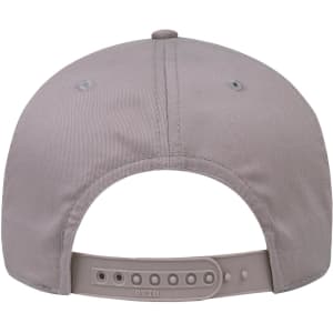 A grey 6 panel low profile baseball cap with an adjustable strap and a logo on the back.