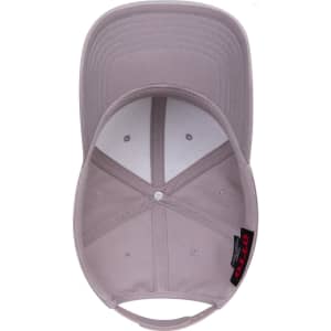 A grey 6 panel low profile baseball cap with a curved brim and an internal sweatband, featuring a logo.