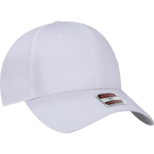 A white 6 panel low profile baseball cap with a branded tag on the side.