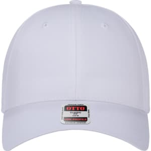 A white low profile baseball cap featuring a logo on the front. The cap has six panels and a rounded crown.
