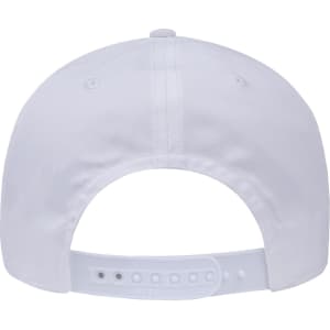 A white 6-panel low profile baseball cap featuring a logo on the back and an adjustable strap.