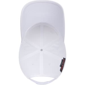 A white 6-panel low profile baseball cap with a curved brim and an inner label. It has a logo on the side.