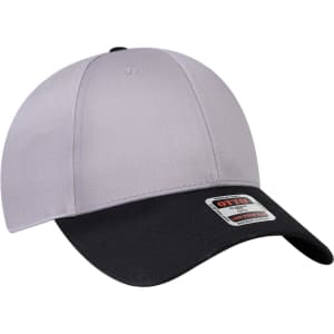 A grey and black 6-panel low profile baseball cap with a logo on the front.