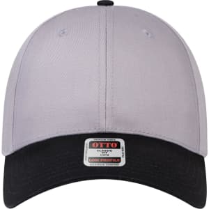 A grey and black six-panel low profile baseball cap with a logo on the front.