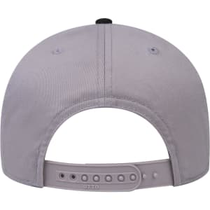 A grey 6 panel low profile baseball cap with a snapback closure and branding on the back.