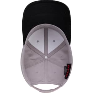 A 6 panel low profile baseball cap in black with a grey interior and a logo inside.