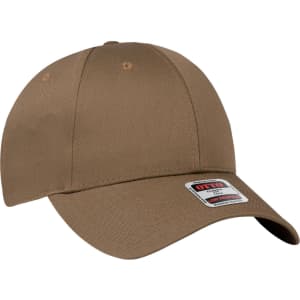 A brown six-panel low profile baseball cap with a logo label on the front.