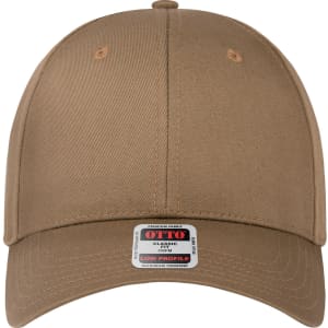 A low profile baseball cap in a tan colour with a logo on the front.