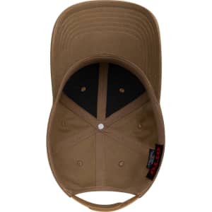 A brown 6-panel low-profile baseball cap with a black interior and a logo.