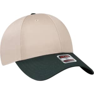 A low profile baseball cap featuring a cream crown and a dark green brim, with a logo on the side.