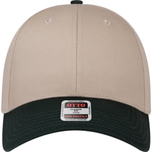 A low-profile baseball cap featuring a beige crown and a dark green brim, complete with a logo on the front.