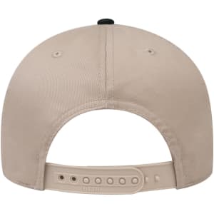 A beige low profile baseball cap with an adjustable strap and a single black button on the top. It features a logo.