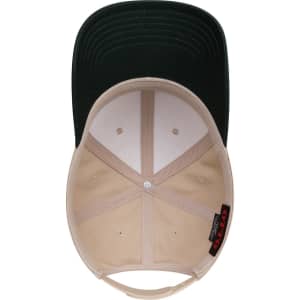 A low profile baseball cap in beige and dark green, featuring an inner lining and a logo.