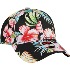 A black baseball cap featuring a vibrant floral tropical pattern with hibiscus and palm leaves. It has a logo on it.