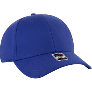 A blue low profile baseball cap with a curved brim and a logo on the front.