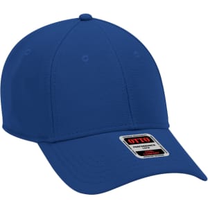 A blue six-panel baseball cap with a curved brim and a tag attached. It features a logo.
