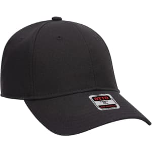 A black 6 panel baseball cap featuring a flat brim and a branding label on the side.