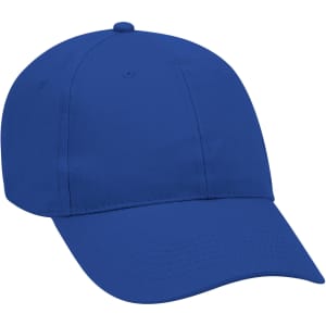 A blue 6 panel baseball cap featuring a curved brim and a logo.