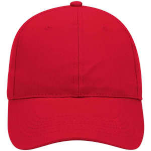 A red 6 panel low profile baseball cap featuring a curved peak and a logo on the front.