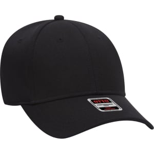 A black six-panel baseball cap with a logo on the front.