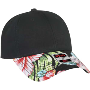 A black 6 panel baseball cap with a floral patterned visor and a logo on the side.