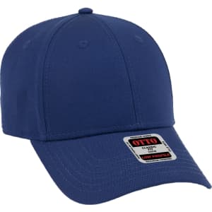 A navy blue 6 panel baseball cap with a low-profile design and a logo on the side.