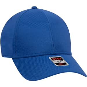 A blue six-panel baseball cap with a textured finish and a logo on the front.