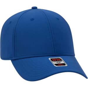 A blue six-panel baseball cap with a structured crown and a logo on the label.