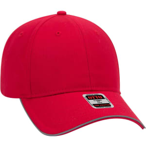A red reflective six-panel baseball cap with a grey trim and a logo on the side.