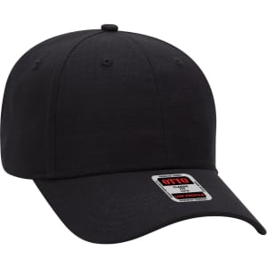 A black 6-panel baseball cap featuring a rounded crown and a curved brim. It has a logo label on the front.