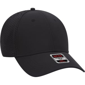 A black UPF 50+ six-panel baseball cap with a perforated design and a brand logo on the side.